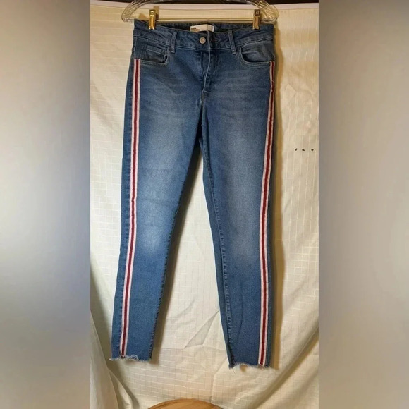 ZARA TRAFALUC DENIM WOMENS RED WHITE STRIPE SKINNY RAW HEM JEANS SIZE 08 - Picture 1 of 3